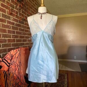 Secret Treasures VTG 2000s Blue Satin Lace Chemise XL Rosette Slip Romantic Y2K